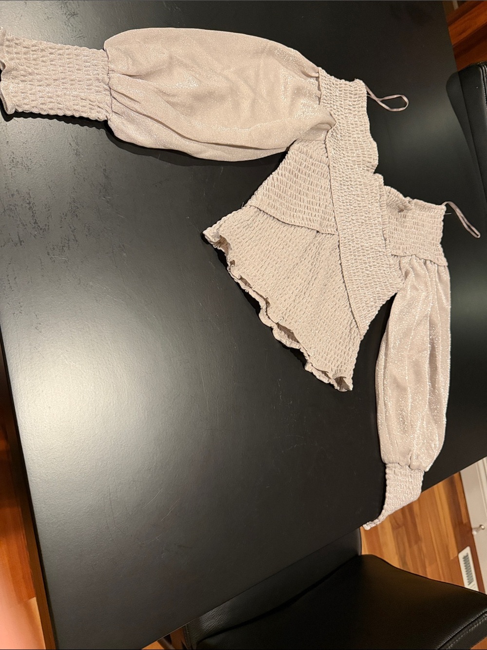 BB Dakota Blush Shimmery Off-Shoulder Smocked Peplum Top